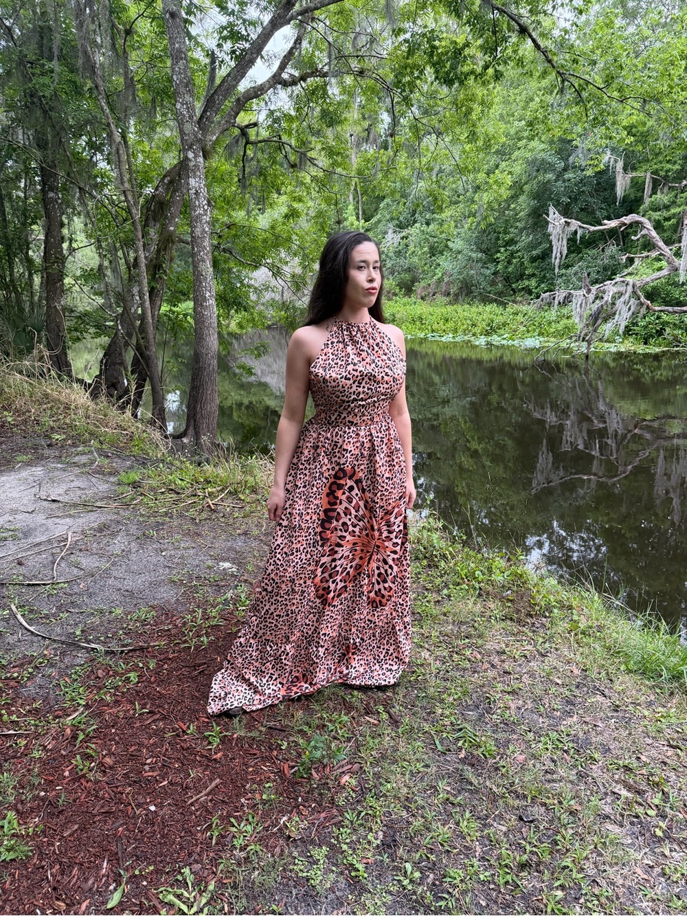 CBR Orange and Brown Leopard-Print Halter Maxi Dress